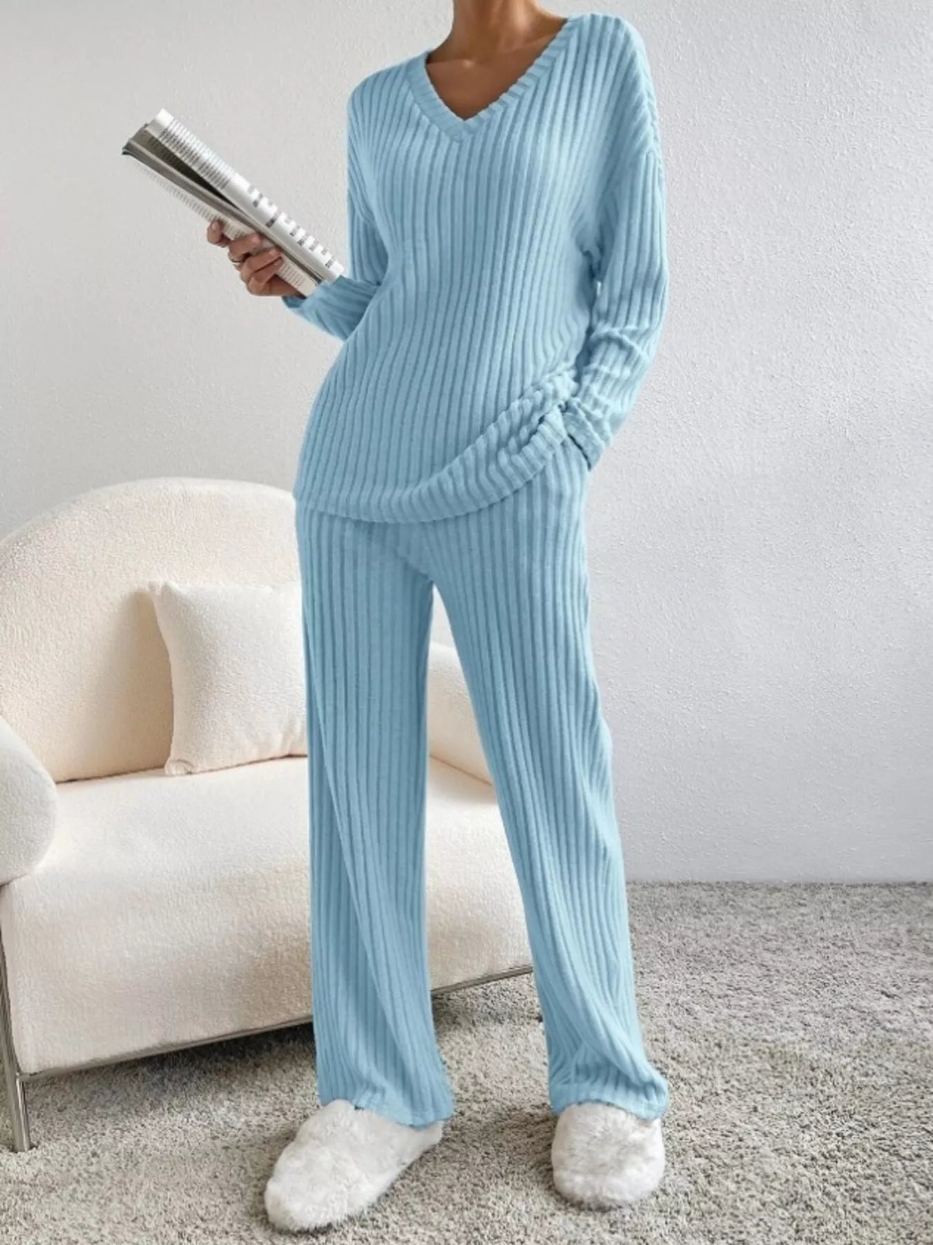Ribbed Knit V-Neck Top and Pants Set