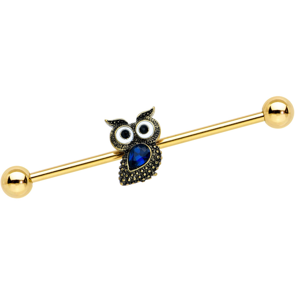 BodyCandy 14G Blue Gem Gold Tone Wide Eyed Owl Industrial Barbell 38mm — main product shot