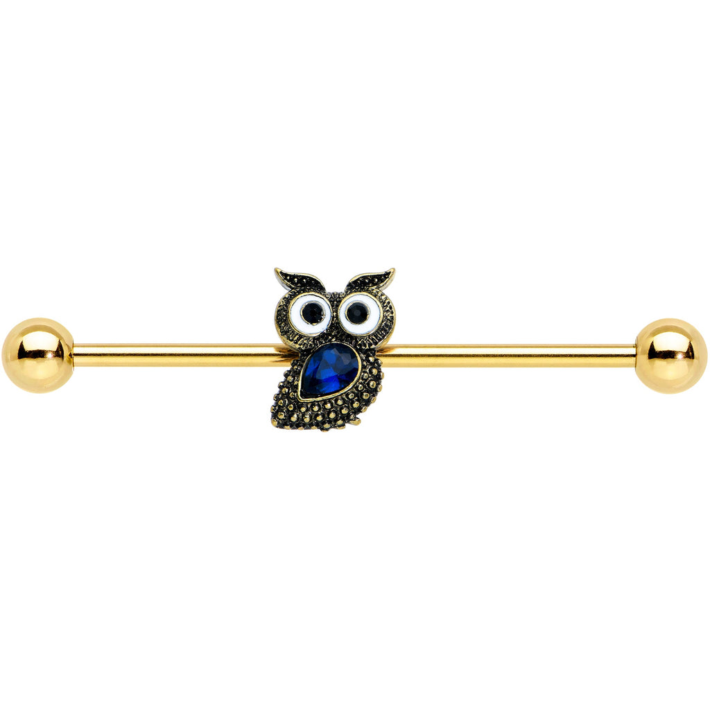 BodyCandy 14G Blue Gem Gold Tone Wide Eyed Owl Industrial Barbell 38mm — detail close-up