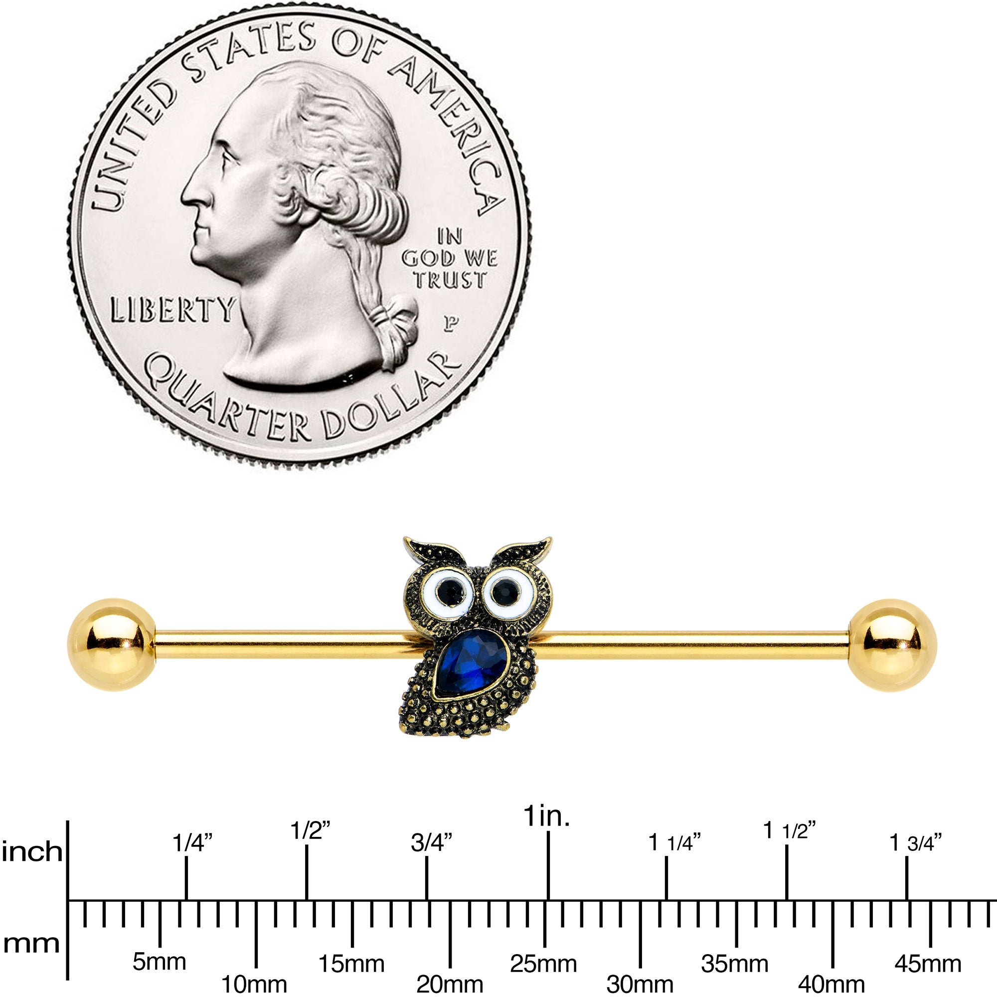 BodyCandy 14G Blue Gem Gold Tone Wide Eyed Owl Industrial Barbell 38mm — lifestyle context