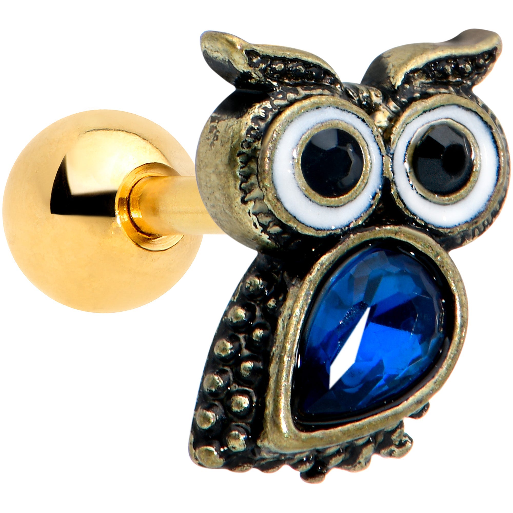 BodyCandy 16G 1/4 Blue Gem Gold Tone Wide Eyed Owl Cartilage Tragus Earring — main product shot