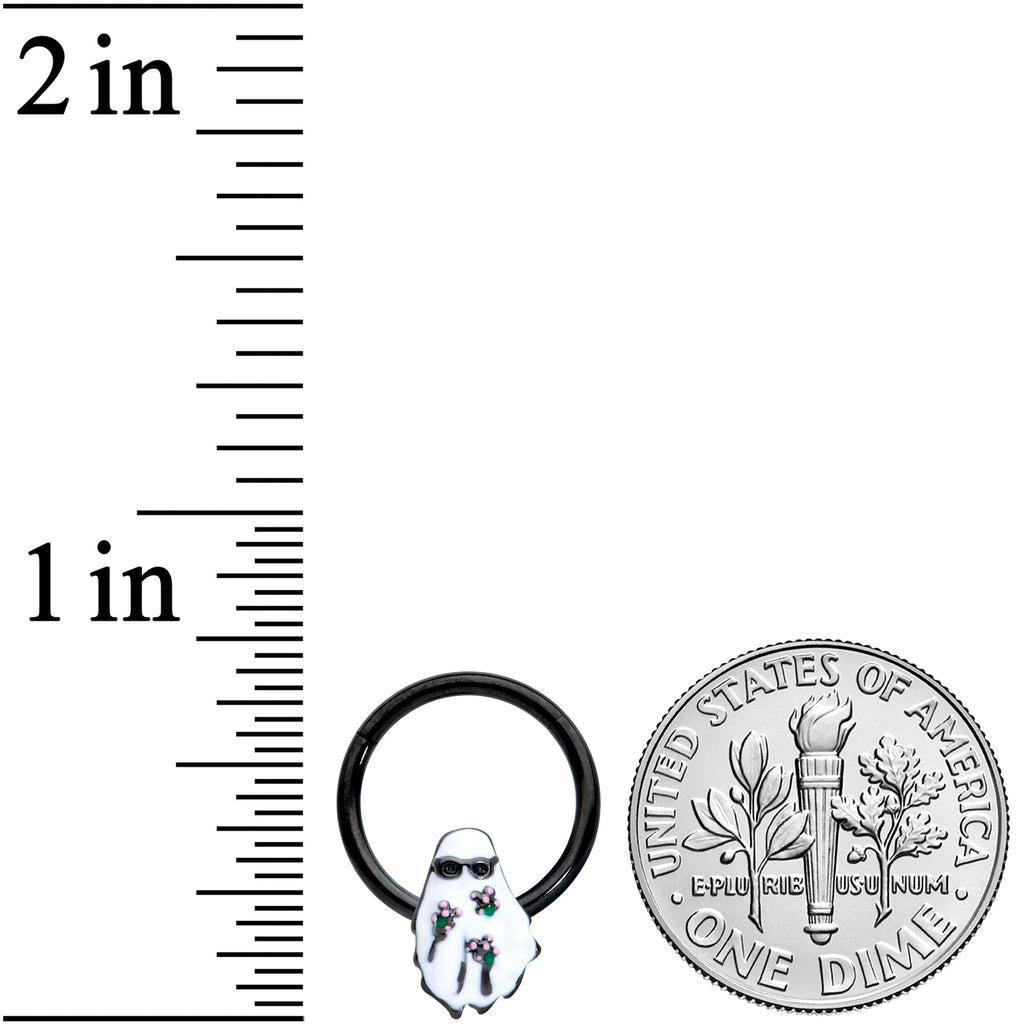 BodyCandy 16G 3/8 Black Hipster Ghost Halloween Hinged Segment Ring — detail close-up