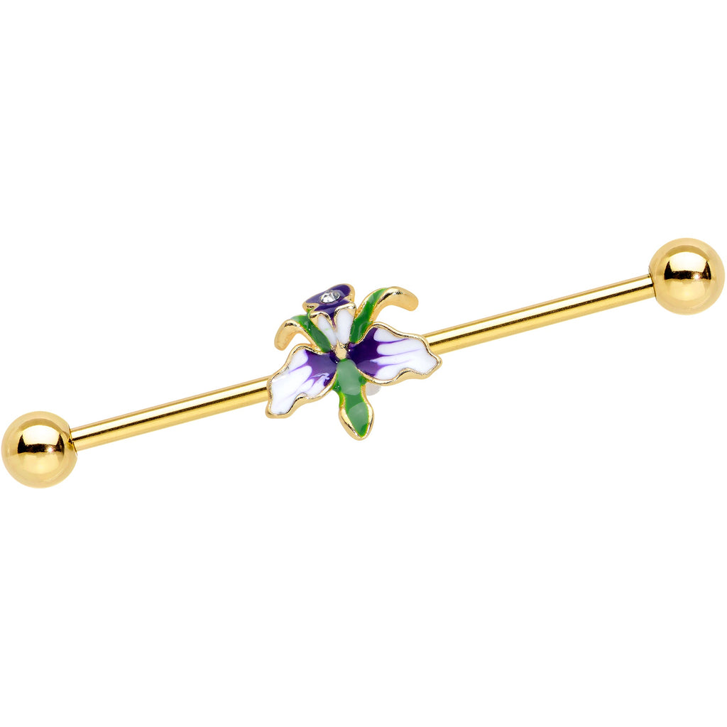 BodyCandy 14G Clear Gem Gold Tone Iris Flower Industrial Barbell 38mm — main product shot