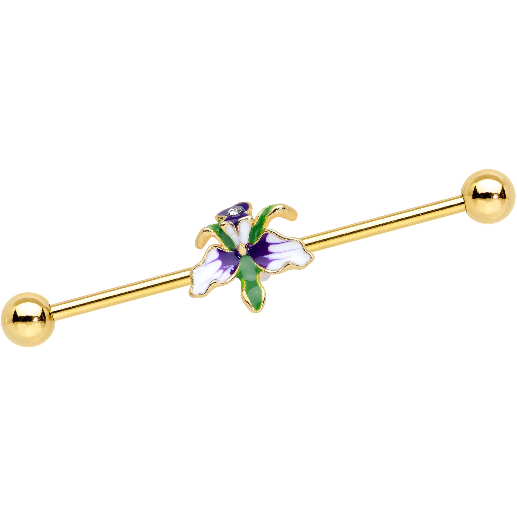 BodyCandy 14G Clear Gem Gold Tone Iris Flower Industrial Barbell 38mm — main product shot