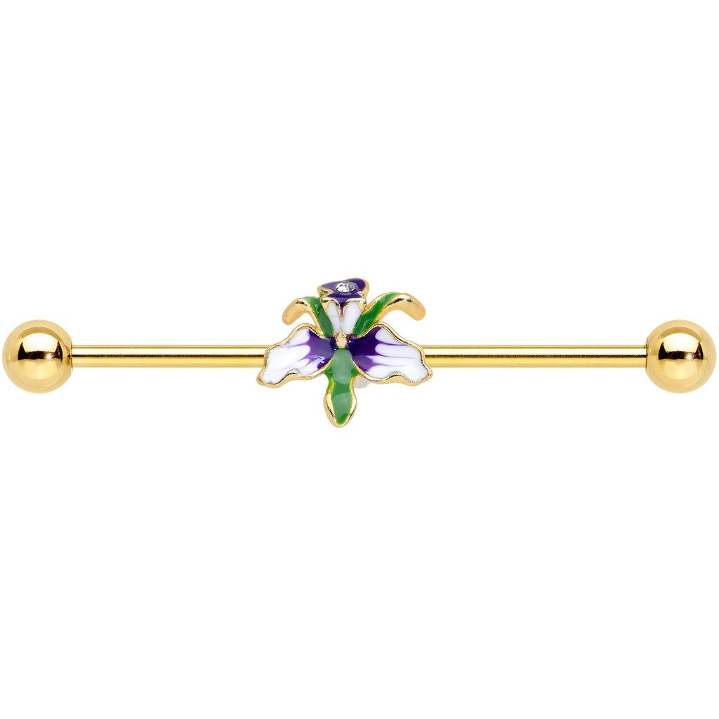 BodyCandy 14G Clear Gem Gold Tone Iris Flower Industrial Barbell 38mm — detail close-up