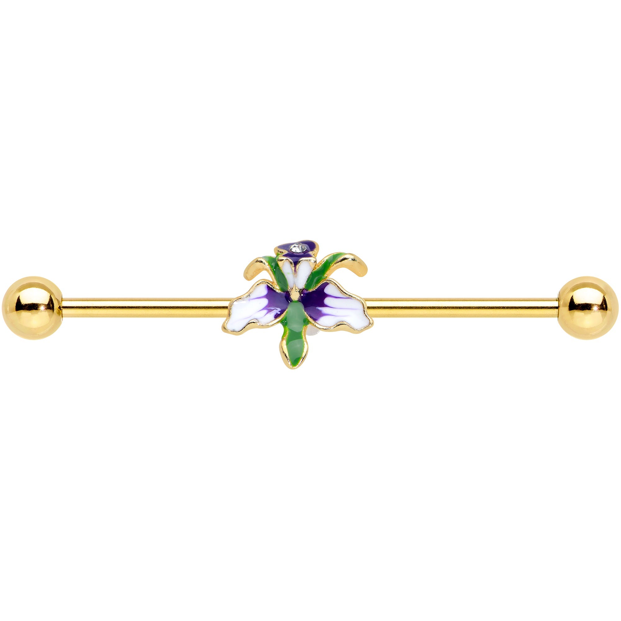 BodyCandy 14G Clear Gem Gold Tone Iris Flower Industrial Barbell 38mm — detail close-up