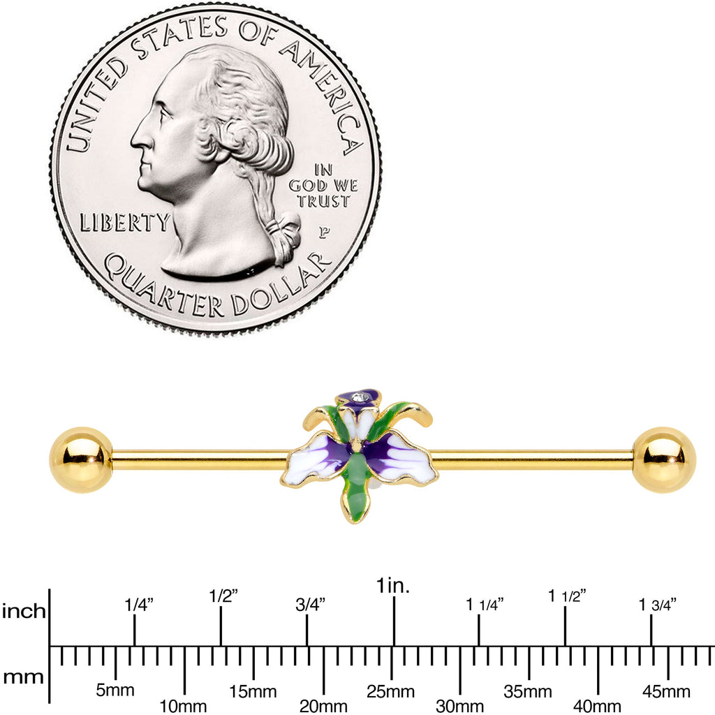 BodyCandy 14G Clear Gem Gold Tone Iris Flower Industrial Barbell 38mm — lifestyle context