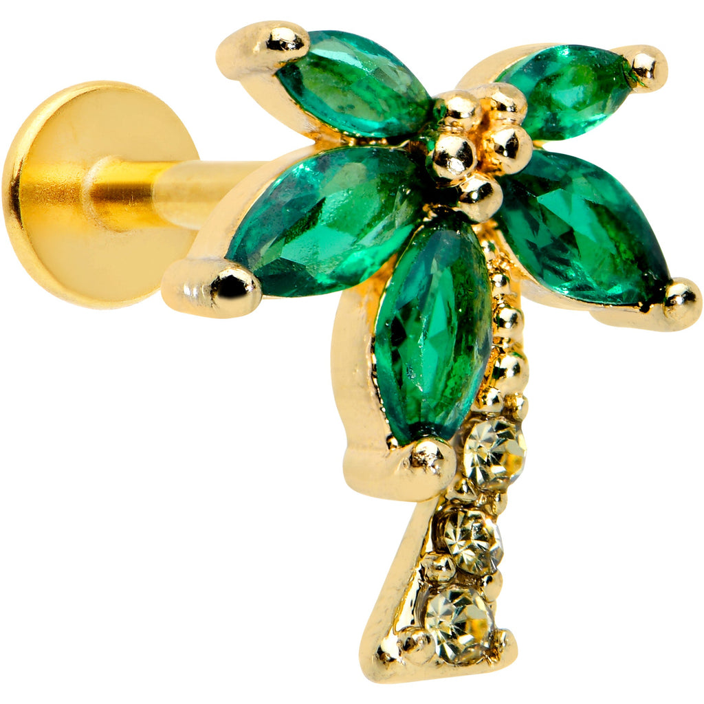 BodyCandy 16G 5/16 Clear Green Gem Gold Tone Palm Tree Labret Monroe Tragus — main product shot