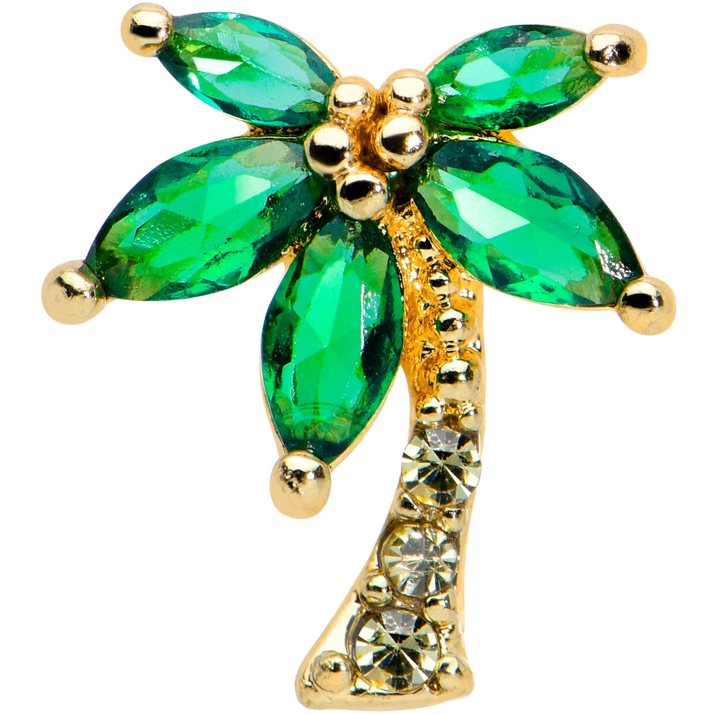BodyCandy 16G 5/16 Clear Green Gem Gold Tone Palm Tree Labret Monroe Tragus — detail close-up