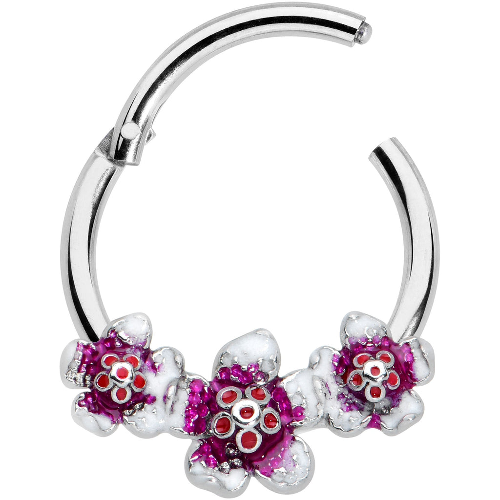 BodyCandy 16G 3/8 Red Purple Double Flower Hinged Segment Ring — detail close-up