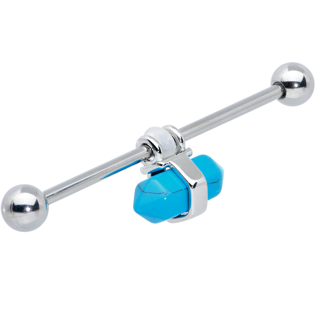 BodyCandy 14G Blue Turquoise Gem Groovy Stone Hippie Industrial Barbell 38mm — detail close-up
