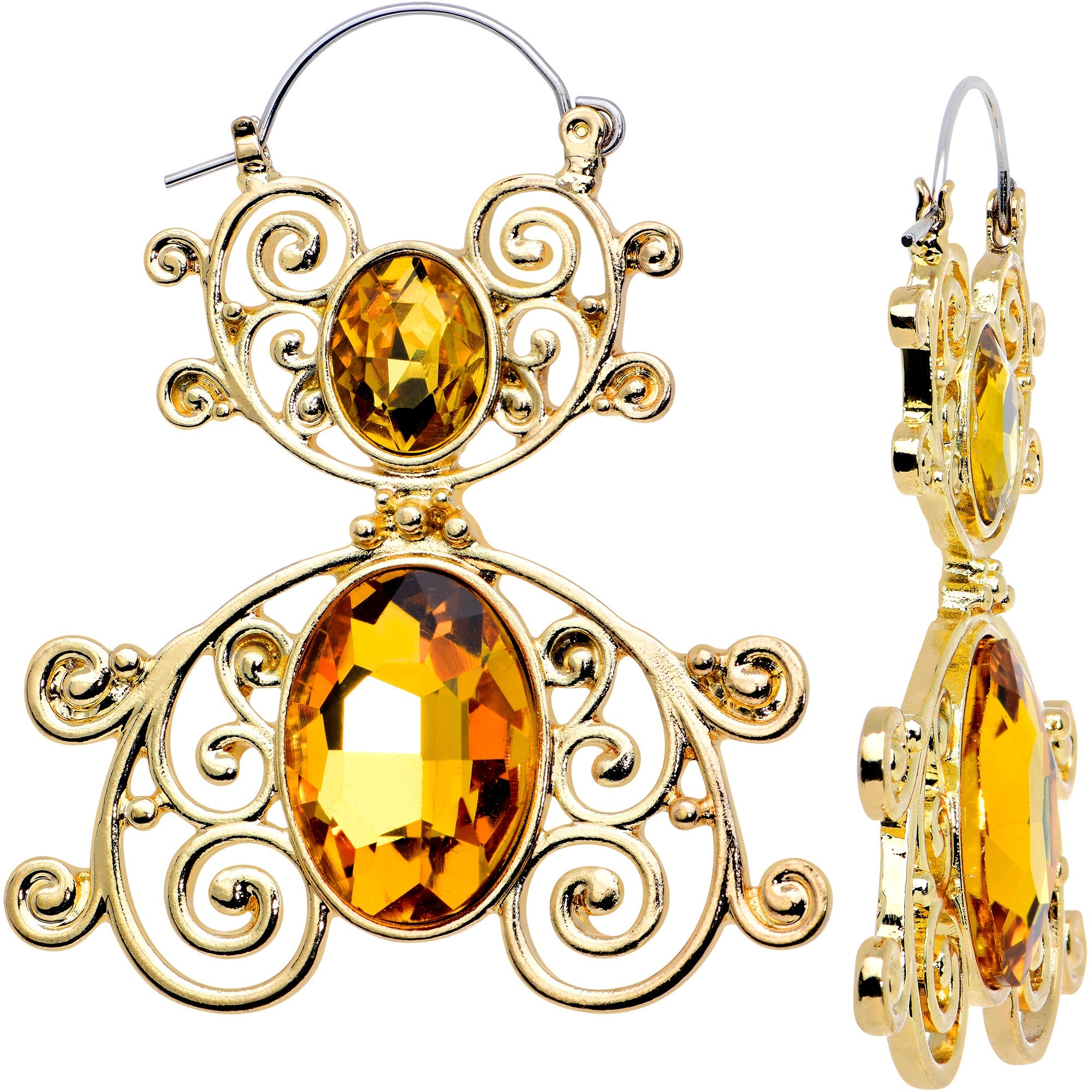 BodyCandy Yellow Gem Gold Tone Double Scrolling Tunnel Plug Earrings — main product shot