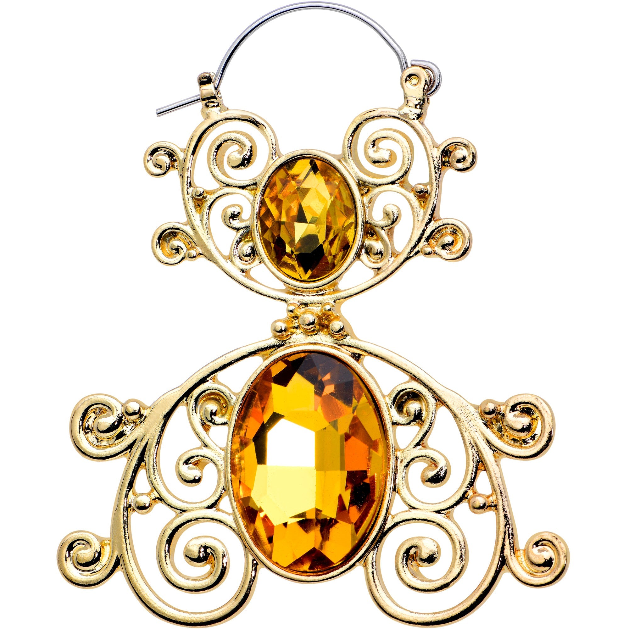 BodyCandy Yellow Gem Gold Tone Double Scrolling Tunnel Plug Earrings — detail close-up