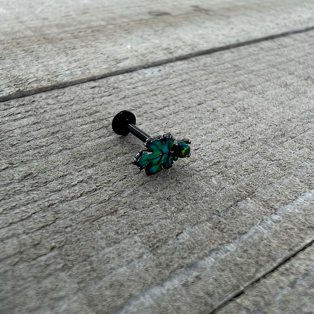 BodyCandy 16G 5/16 Green Synthetic Opal Black Fall Leaf Labret Monroe Tragus — alternative angle