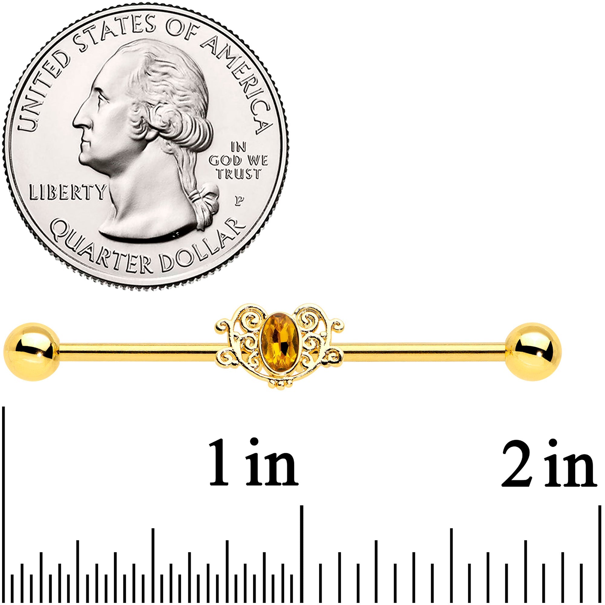 BodyCandy 14G Yellow Gem Gold Tone Duet Scroll Industrial Barbell 38mm — detail close-up