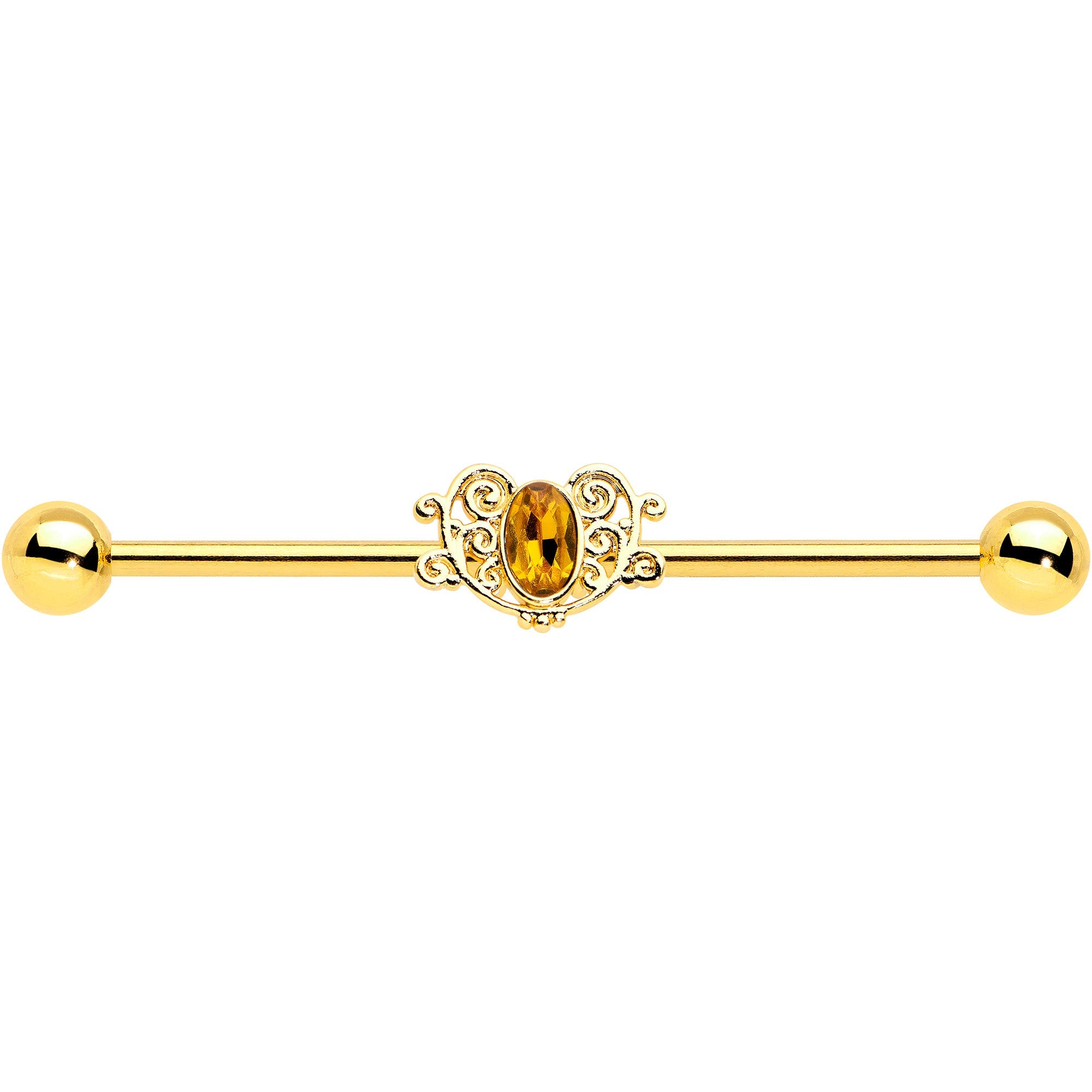 BodyCandy 14G Yellow Gem Gold Tone Duet Scroll Industrial Barbell 38mm — side view