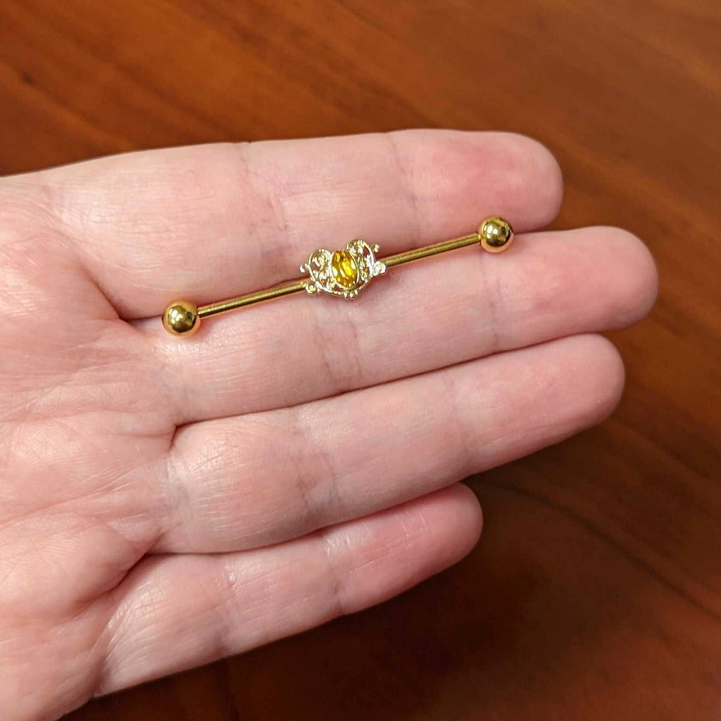 BodyCandy 14G Yellow Gem Gold Tone Duet Scroll Industrial Barbell 38mm — lifestyle context