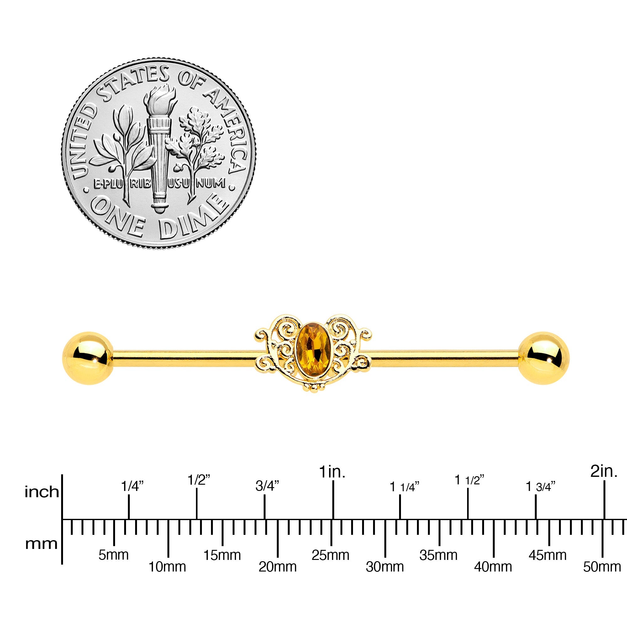 BodyCandy 14G Yellow Gem Gold Tone Duet Scroll Industrial Barbell 38mm — back view