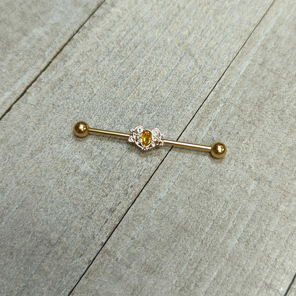 BodyCandy 14G Yellow Gem Gold Tone Duet Scroll Industrial Barbell 38mm — in-use photo