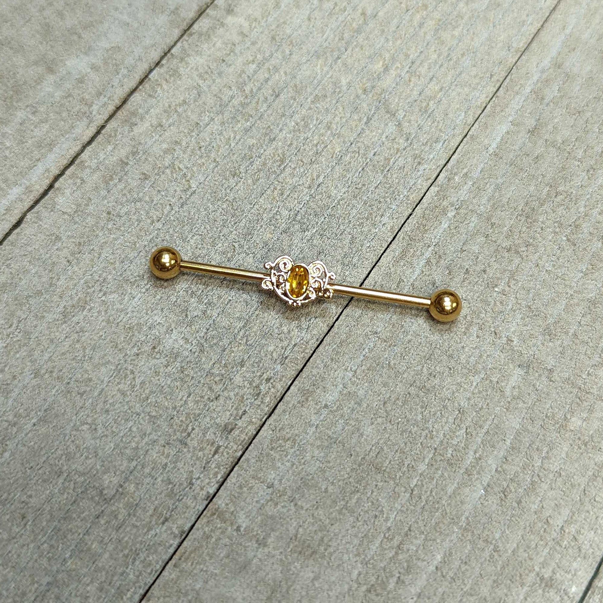BodyCandy 14G Yellow Gem Gold Tone Duet Scroll Industrial Barbell 38mm — in-use photo