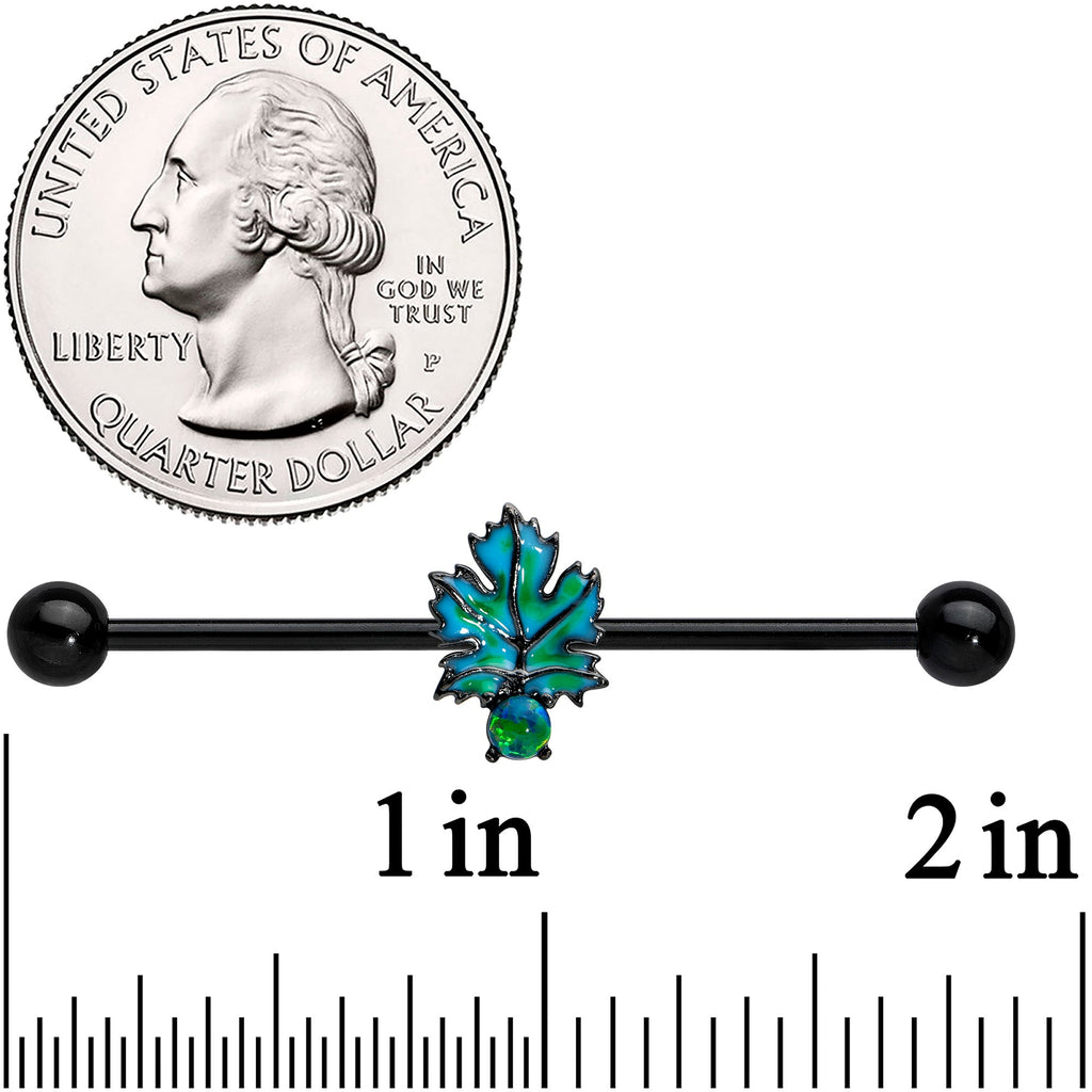 BodyCandy 14G Green Synthetic Opal Black Fall Leaf Industrial Barbell 38mm — detail close-up