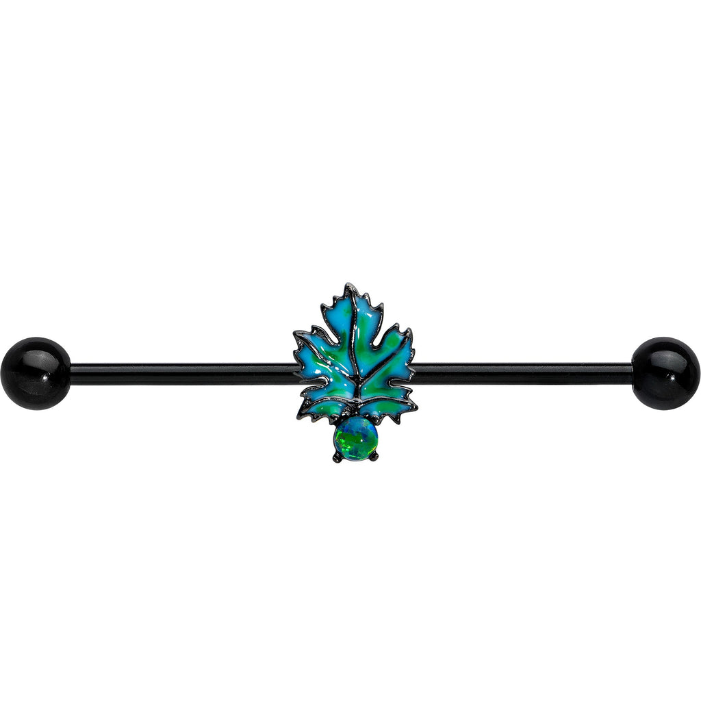 BodyCandy 14G Green Synthetic Opal Black Fall Leaf Industrial Barbell 38mm — side view