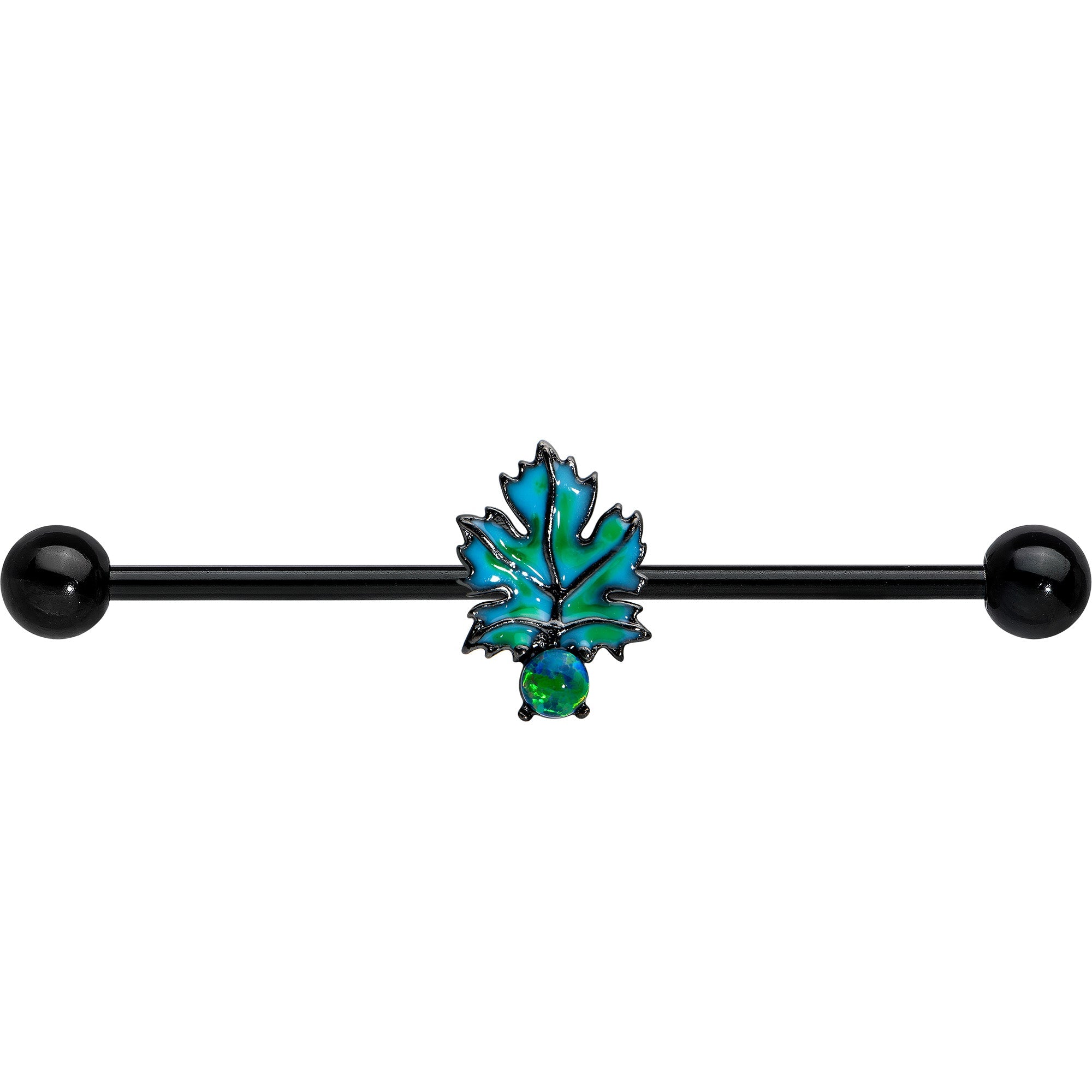 BodyCandy 14G Green Synthetic Opal Black Fall Leaf Industrial Barbell 38mm — side view
