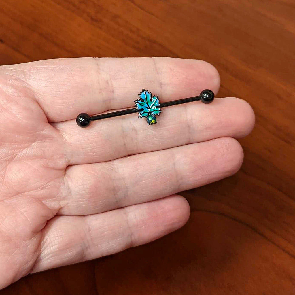 BodyCandy 14G Green Synthetic Opal Black Fall Leaf Industrial Barbell 38mm — lifestyle context