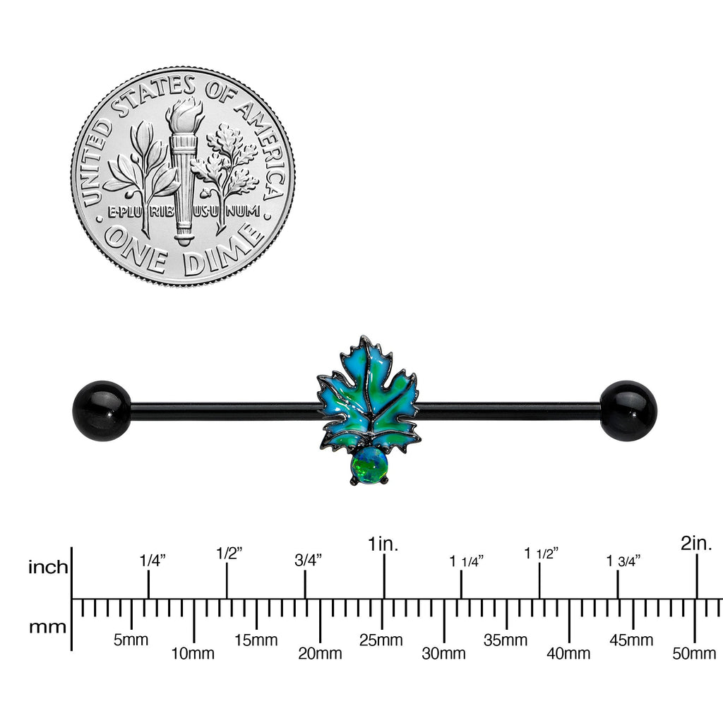 BodyCandy 14G Green Synthetic Opal Black Fall Leaf Industrial Barbell 38mm — back view