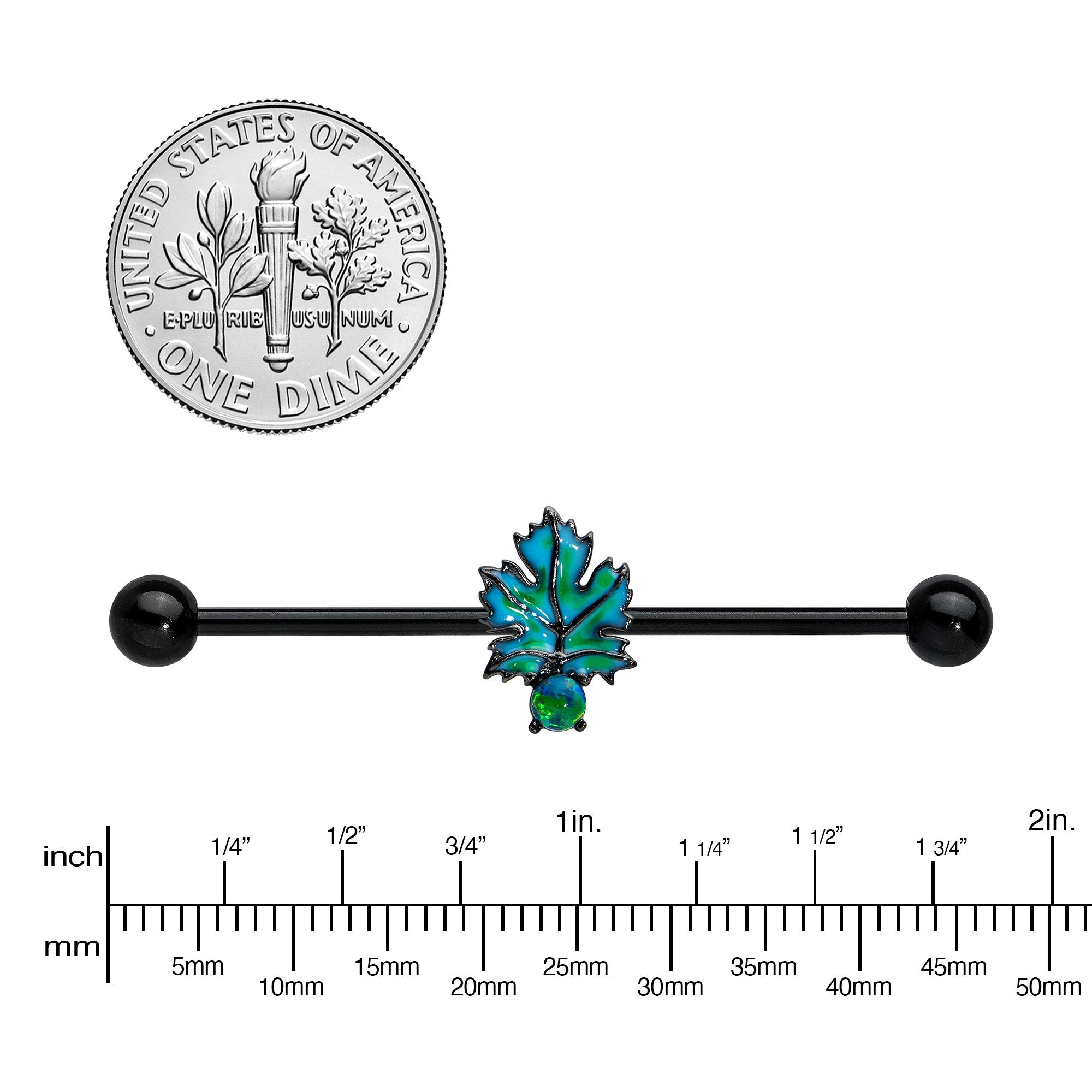 BodyCandy 14G Green Synthetic Opal Black Fall Leaf Industrial Barbell 38mm — back view