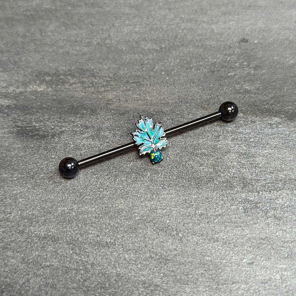 BodyCandy 14G Green Synthetic Opal Black Fall Leaf Industrial Barbell 38mm — alternative angle