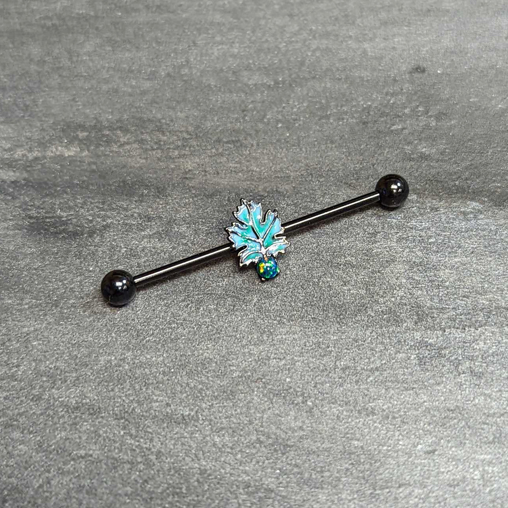 BodyCandy 14G Green Synthetic Opal Black Fall Leaf Industrial Barbell 38mm — alternative angle