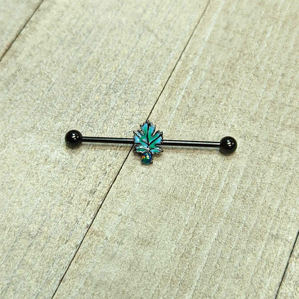 BodyCandy 14G Green Synthetic Opal Black Fall Leaf Industrial Barbell 38mm — in-use photo