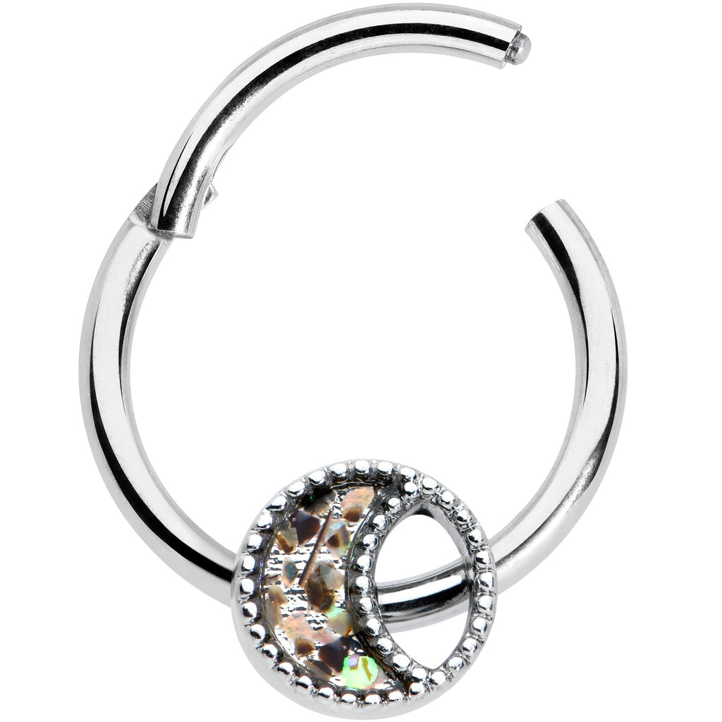 BodyCandy 16G 3/8 Iridescent Crescent Moon Hinged Segment Ring — detail close-up
