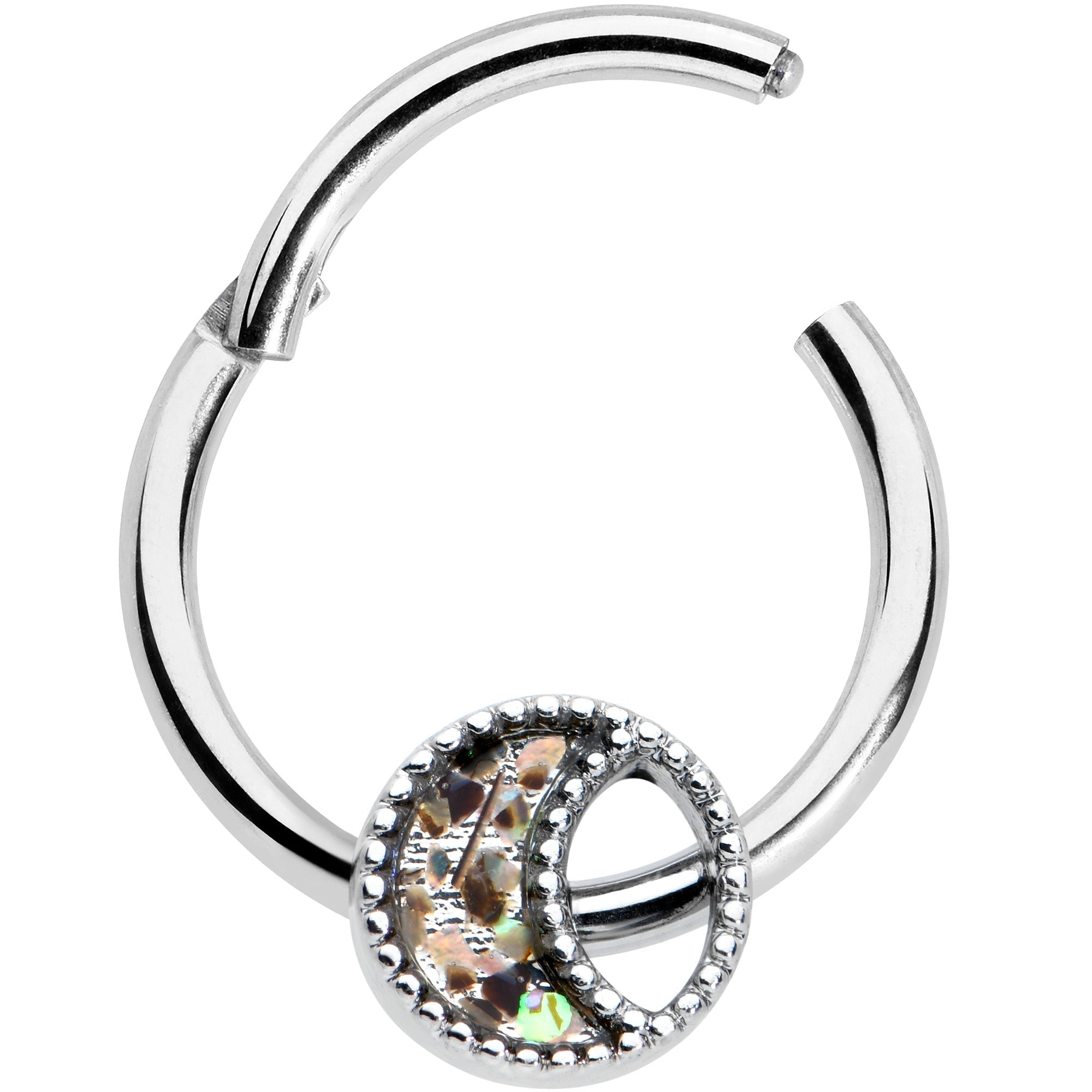 BodyCandy 16G 3/8 Iridescent Crescent Moon Hinged Segment Ring — detail close-up