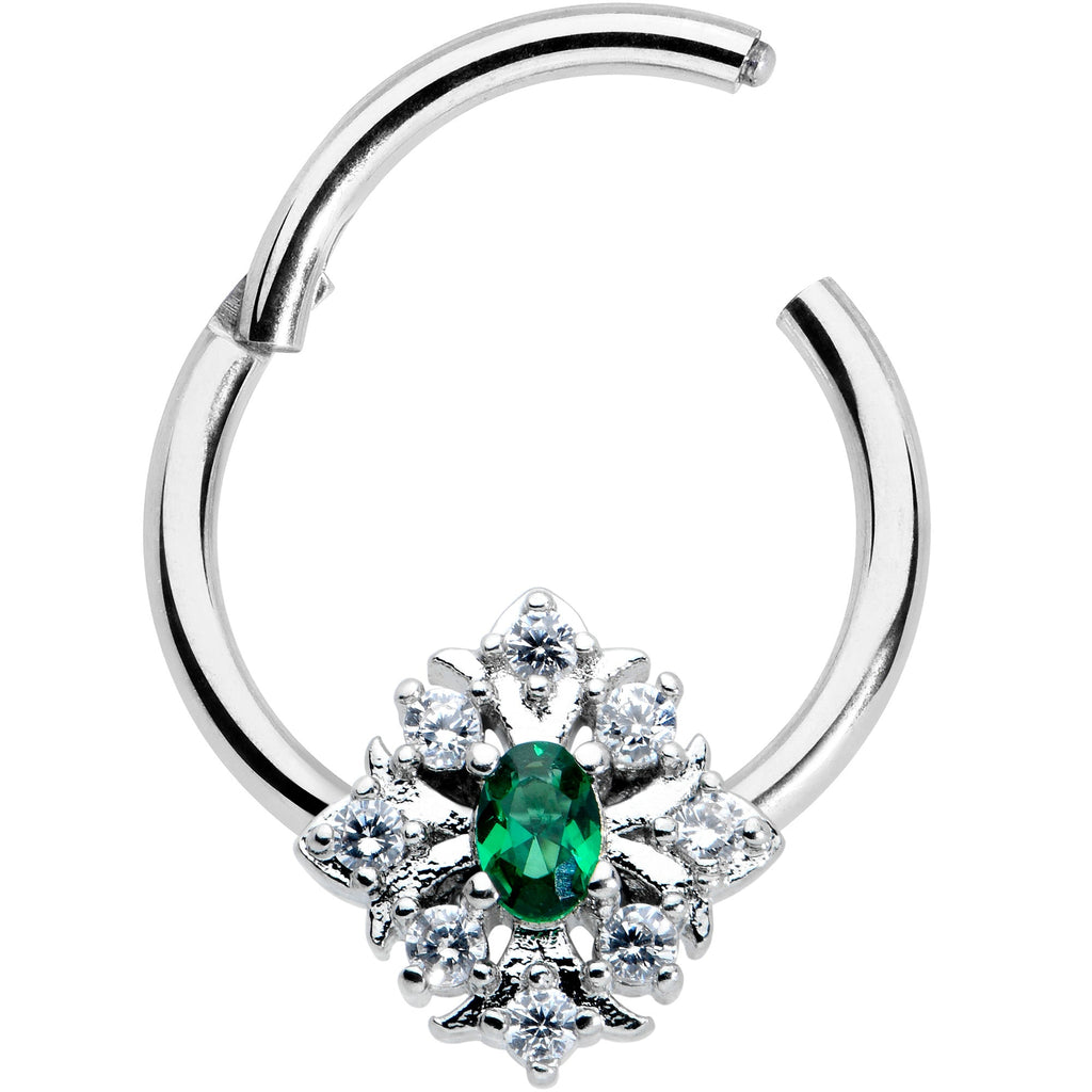 BodyCandy 16G 3/8 Clear Green Gem Ornate Art Deco Hinged Segment Ring — detail close-up