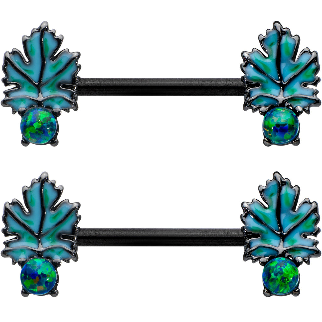 BodyCandy 14G 1/2 Green Synthetic Opal Black Fall Leaf Nipple Ring Set — detail close-up
