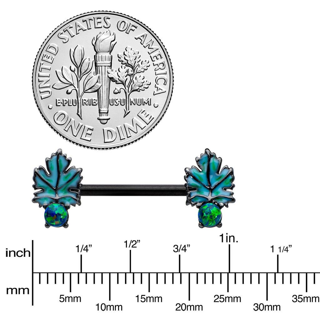 BodyCandy 14G 1/2 Green Synthetic Opal Black Fall Leaf Nipple Ring Set — back view