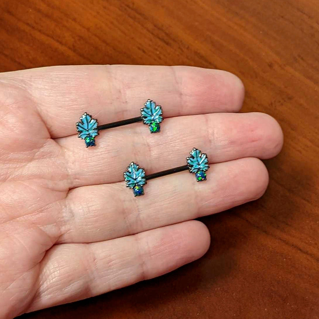 BodyCandy 14G 1/2 Green Synthetic Opal Black Fall Leaf Nipple Ring Set — side view