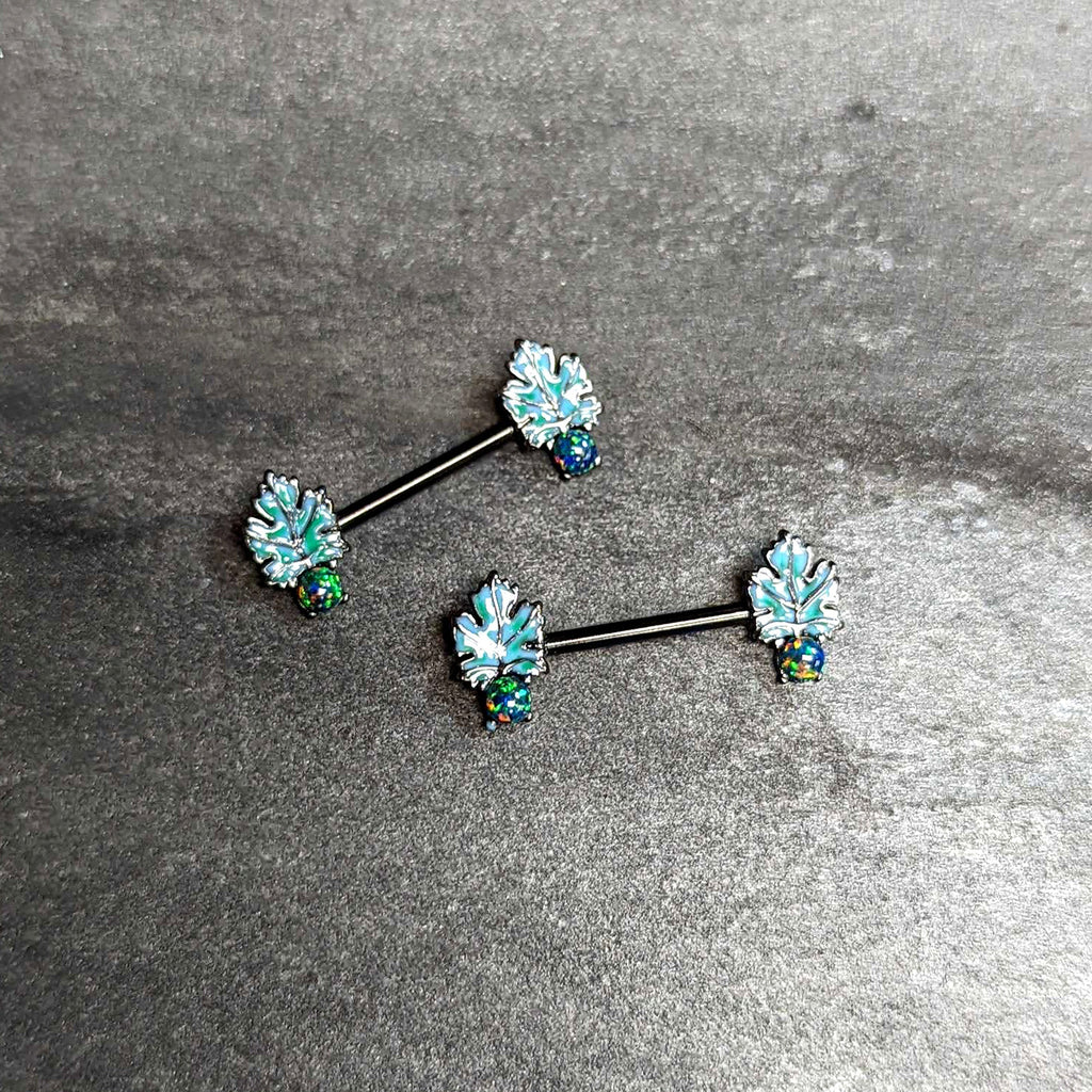 BodyCandy 14G 1/2 Green Synthetic Opal Black Fall Leaf Nipple Ring Set — alternative angle