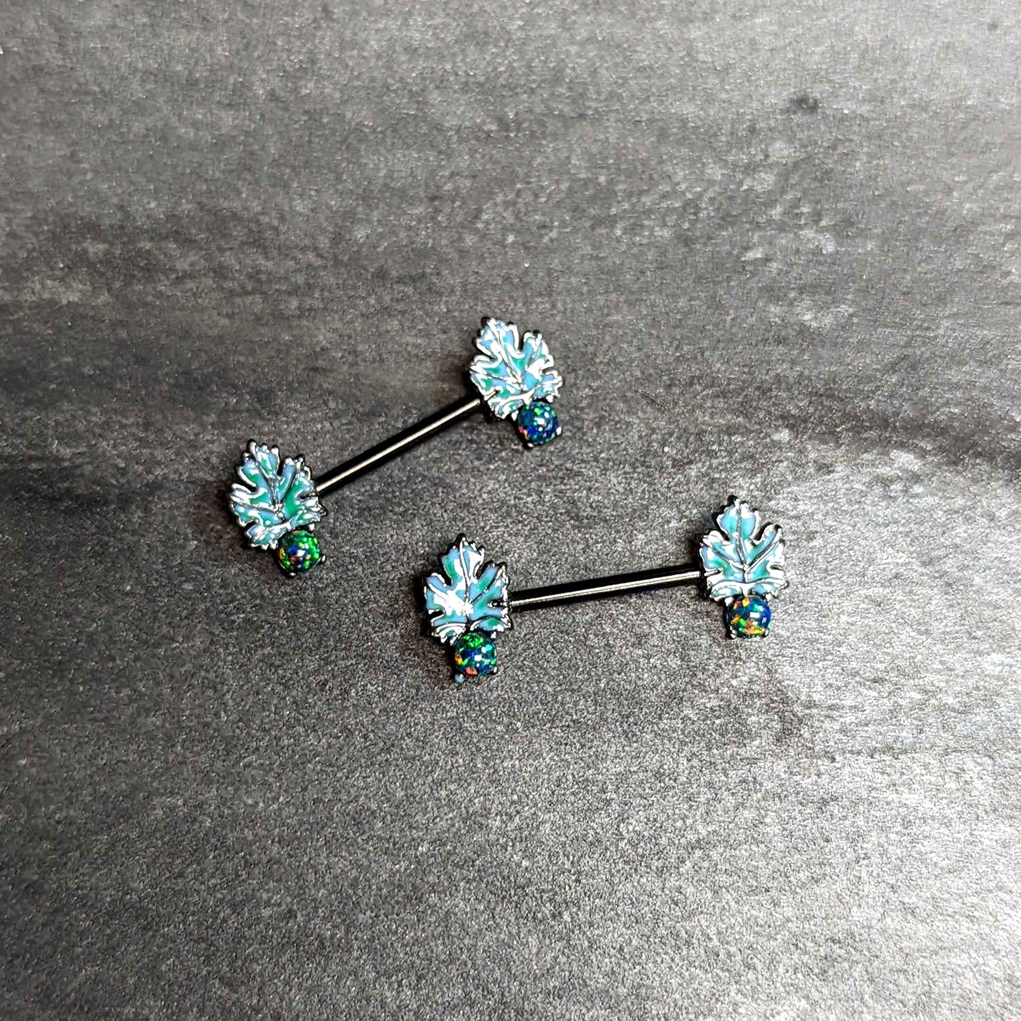 BodyCandy 14G 1/2 Green Synthetic Opal Black Fall Leaf Nipple Ring Set — alternative angle