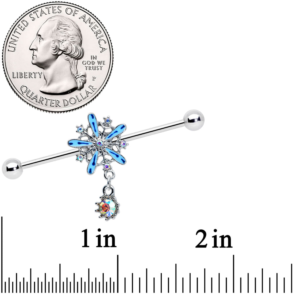 BodyCandy 14G Aurora Gem Snowflake Blues Christmas Industrial Barbell 38mm — detail close-up