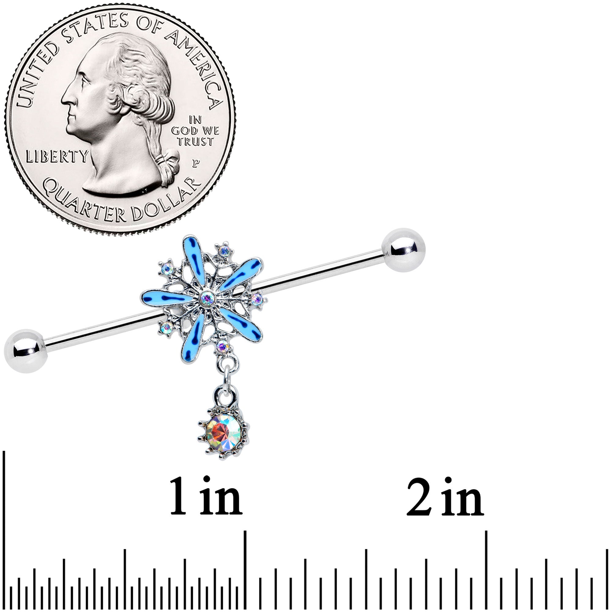 BodyCandy 14G Aurora Gem Snowflake Blues Christmas Industrial Barbell 38mm — detail close-up