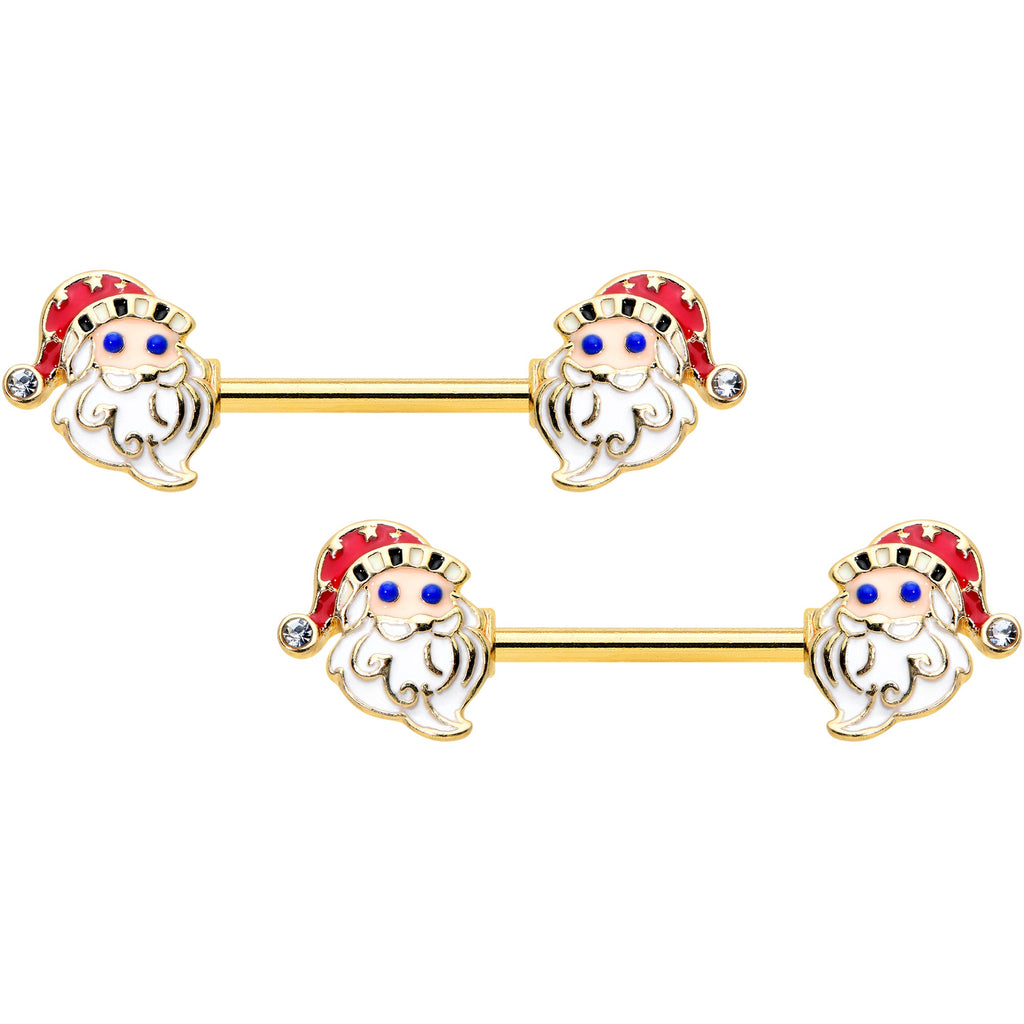 BodyCandy 14G 9/16 Clear Gem Gold Hue Happy Santa Christmas Nipple Ring Set — main product shot
