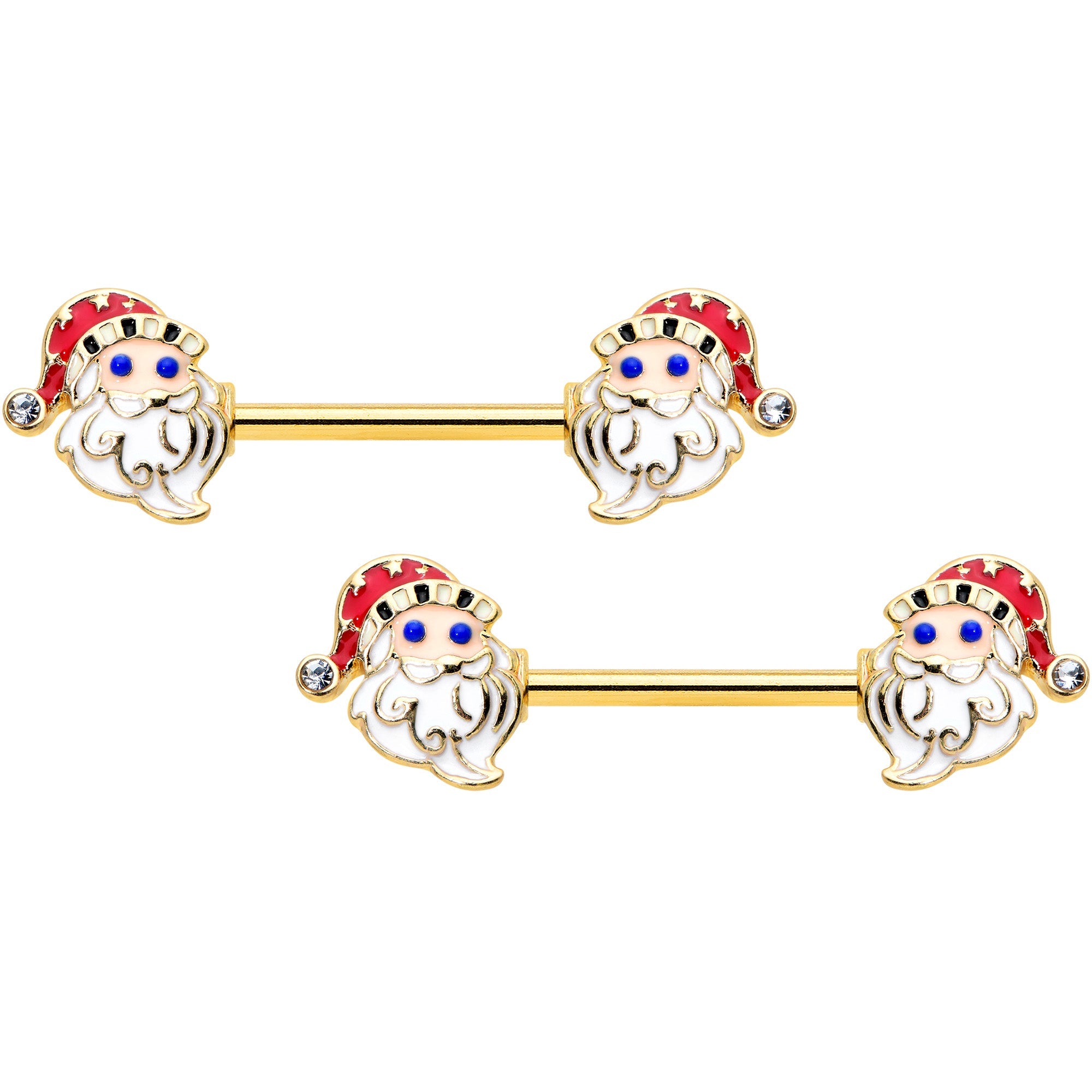 BodyCandy 14G 9/16 Clear Gem Gold Hue Happy Santa Christmas Nipple Ring Set — main product shot