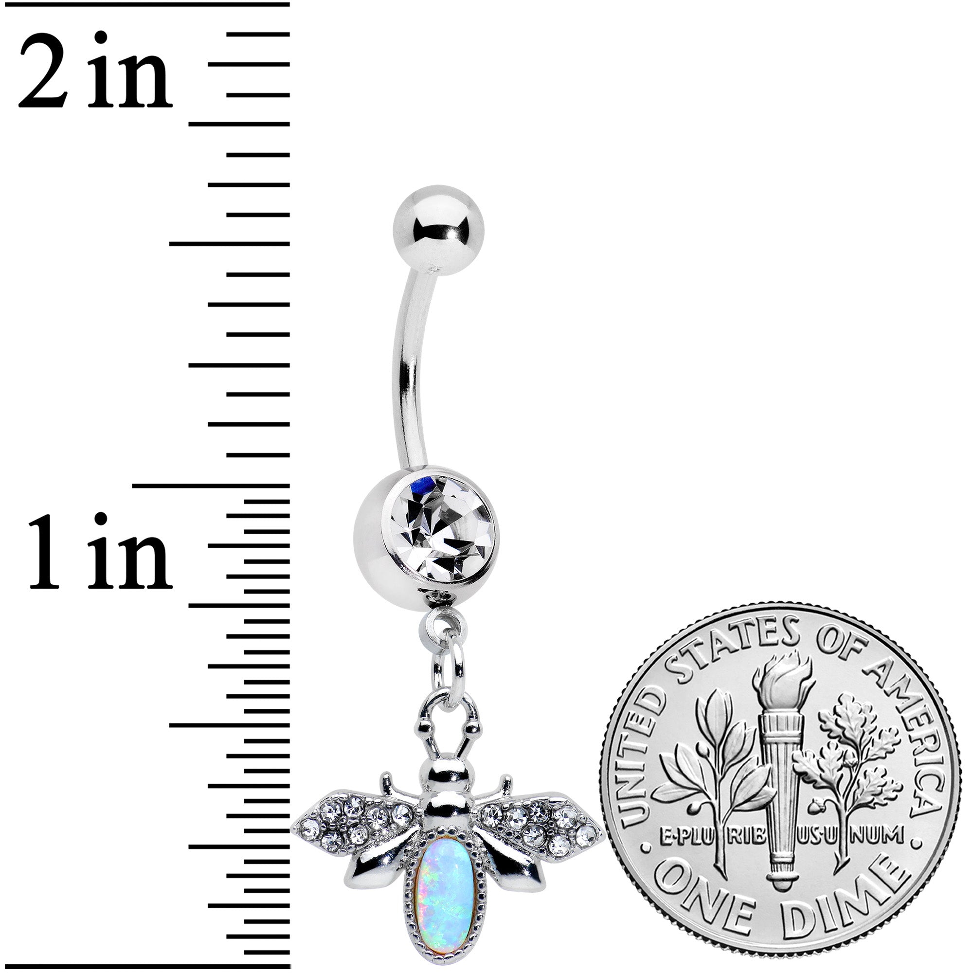 BodyCandy White Synthetic Opal Elegant Insect Dangle Belly Ring — detail close-up