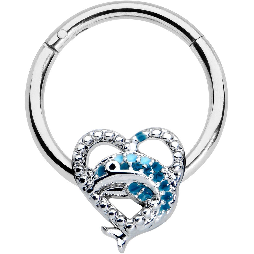 BodyCandy 16G 3/8 Textured Blue Dolphin Heart Hinged Segment Ring — main product shot