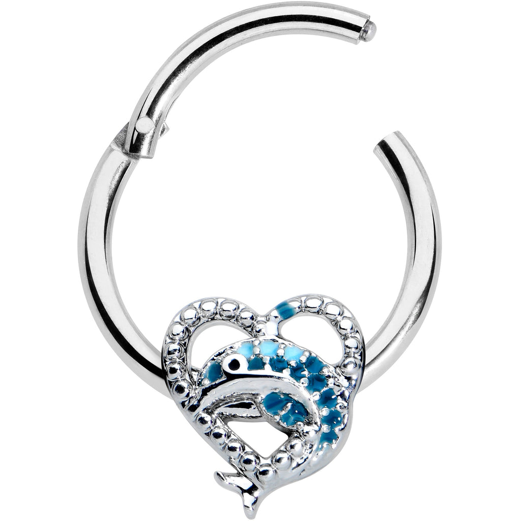 BodyCandy 16G 3/8 Textured Blue Dolphin Heart Hinged Segment Ring — detail close-up