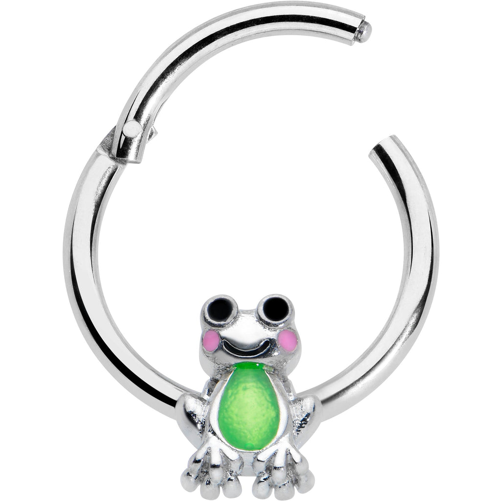 BodyCandy 16G 3/8 Light Green Groovy Frog Hinged Segment Ring — detail close-up