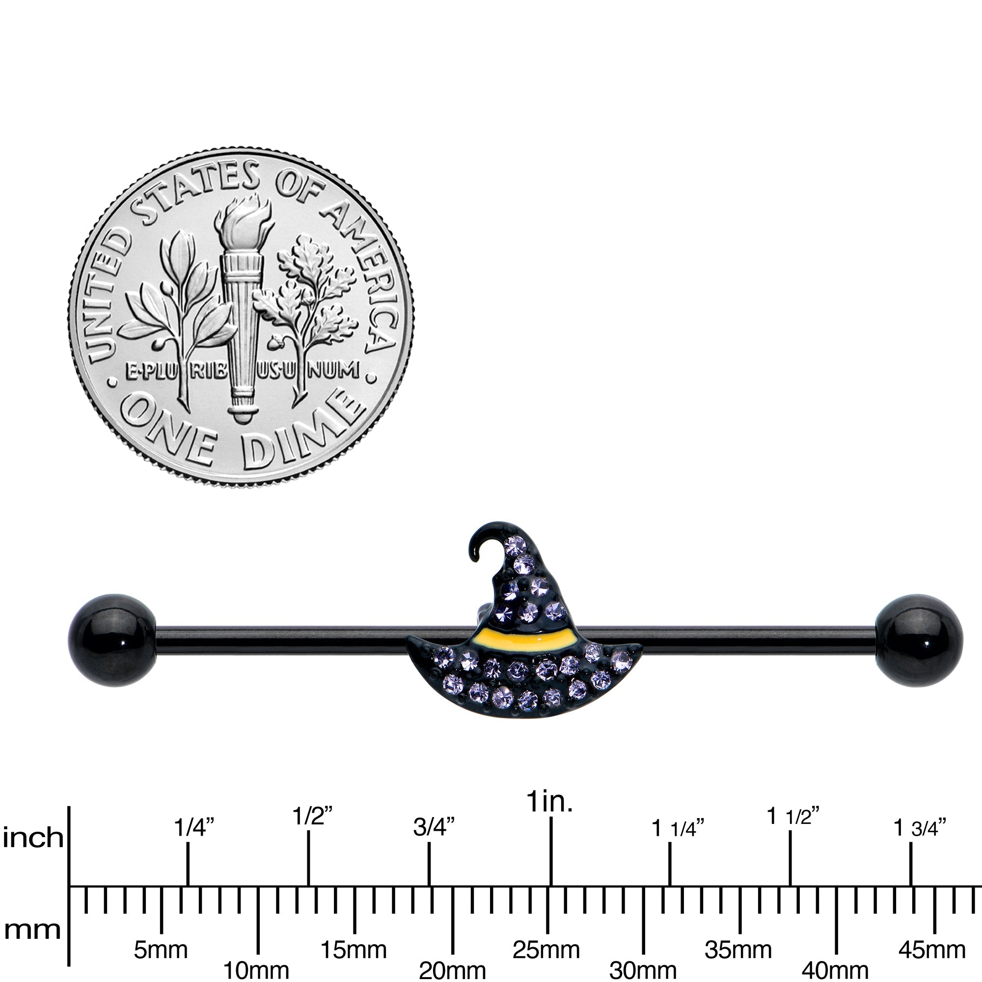 BodyCandy 14G Clear Gem Black Witch Hat Halloween Industrial Barbell 38mm — lifestyle context